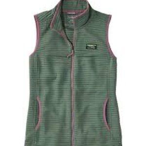L.L. Bean Green Striped Fleece Vest with Pink Trim